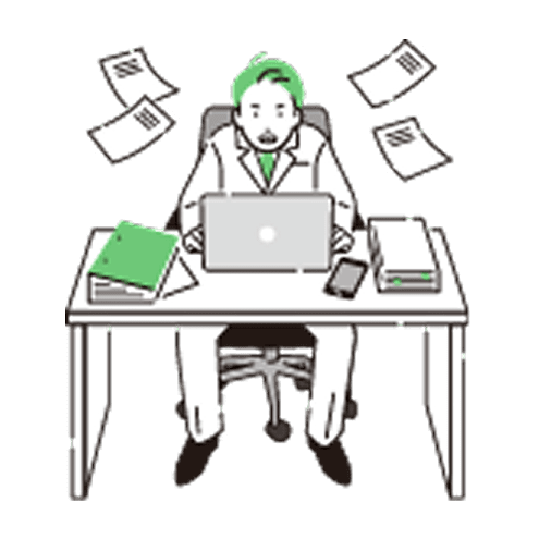 デスクで大量の書類に囲まれて仕事をする男性が描かれたイラスト