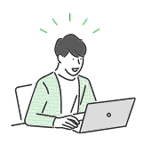 パソコンを操作して嬉しそうな表情を見せる若い男性のイラスト