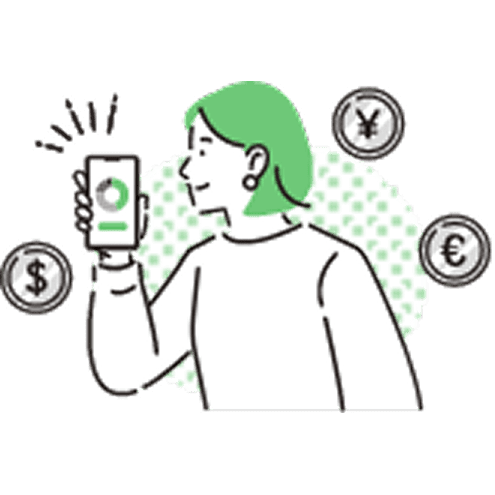 スマートフォンを持ち、為替のアイコン（円、ドル、ユーロ）に囲まれた女性のイラスト
