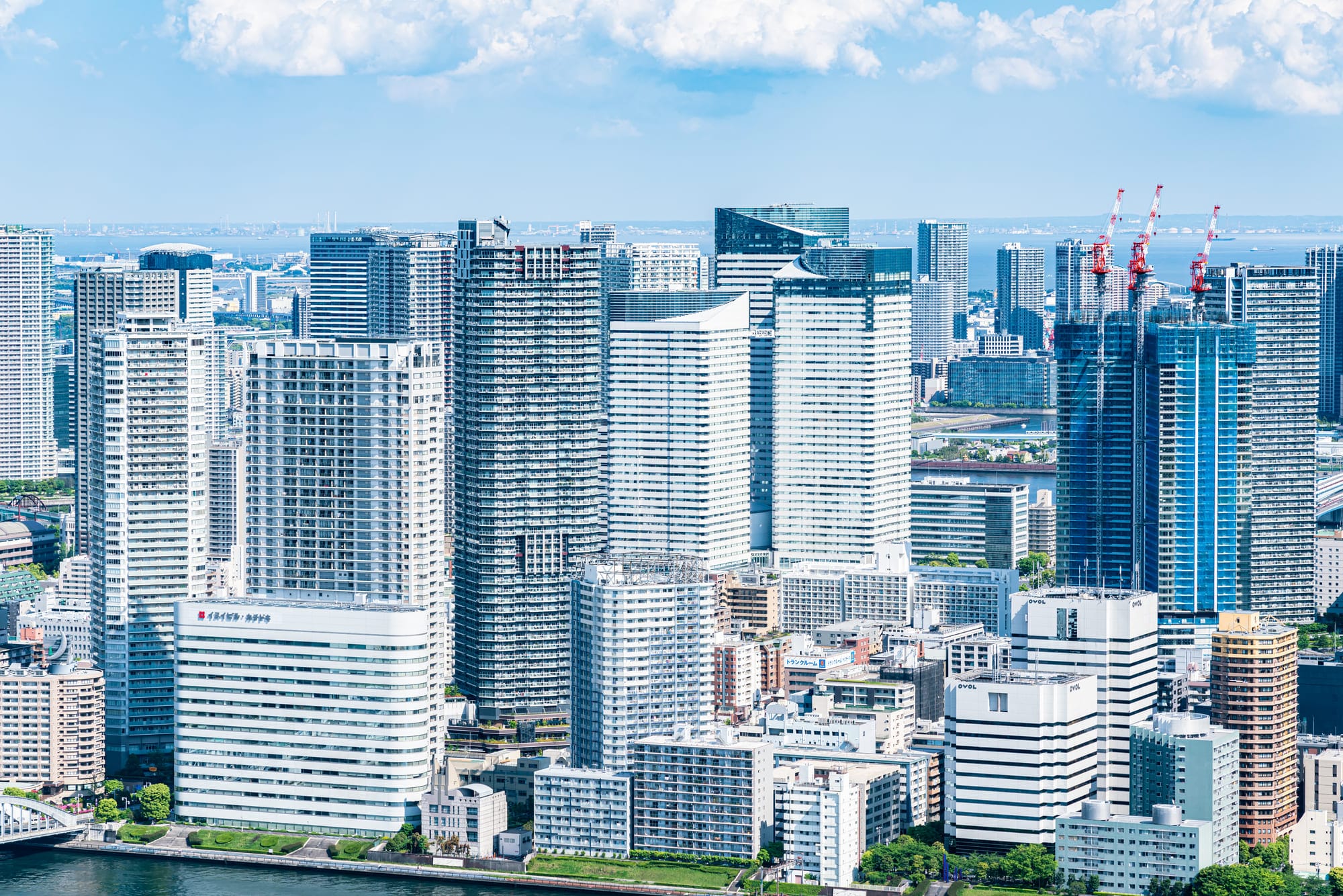 近代的な高層ビルが並ぶウォーターフロントの街並みで、オフィス街の密集した様子が描かれている