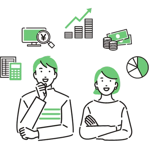 男女二人が会話しながら経済や投資について考えている様子を示すイラスト