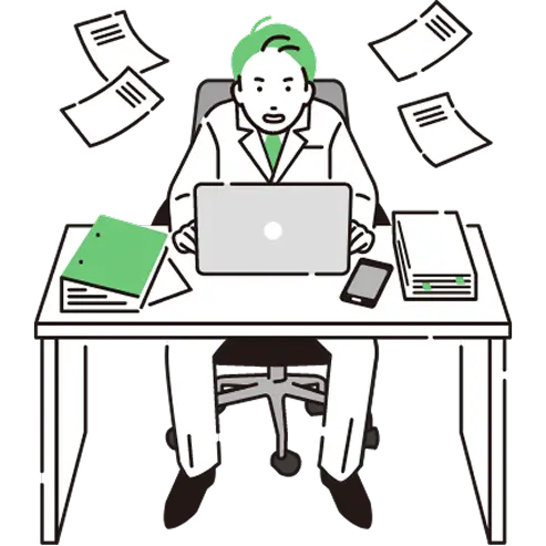 デスクで大量の書類に囲まれて仕事をする男性が描かれたイラスト