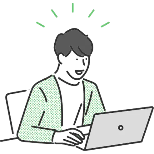 パソコンを操作して嬉しそうな表情を見せる若い男性のイラスト