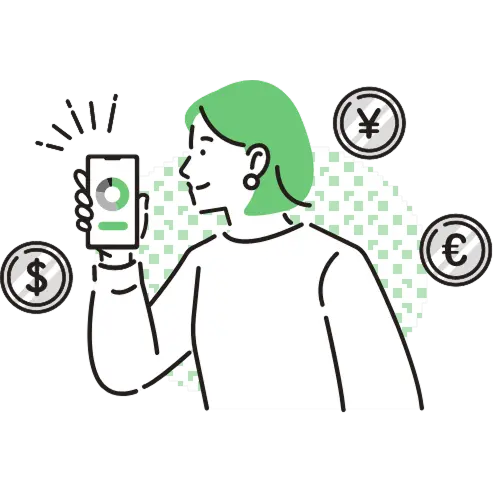 スマートフォンを持ち、為替のアイコン（円、ドル、ユーロ）に囲まれた女性のイラスト