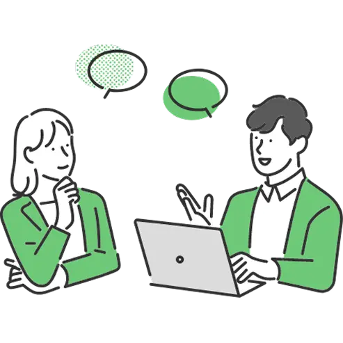 ノートパソコンを使って意見交換をする男女のビジネスシーンのイラスト