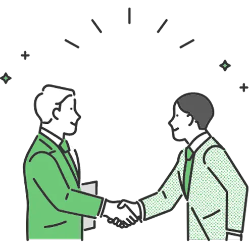 二人の男性が笑顔で握手を交わしているビジネス契約の場面を表すイラスト